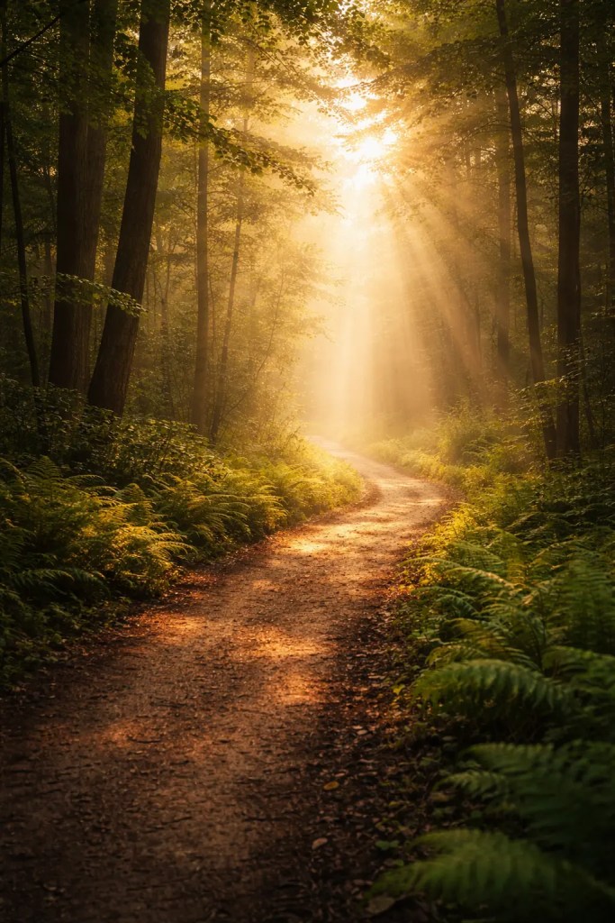Chemin dans une forêt baigné de lumière matinale, symbolisant le parcours intérieur et la reconstruction après un burn out