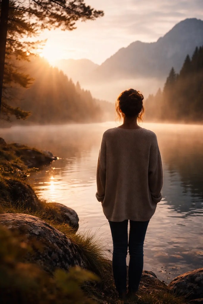 Femme debout seule au bord d’un lac au lever du soleil, symbolisant la transformation intérieure et la reconstruction après un burn out.