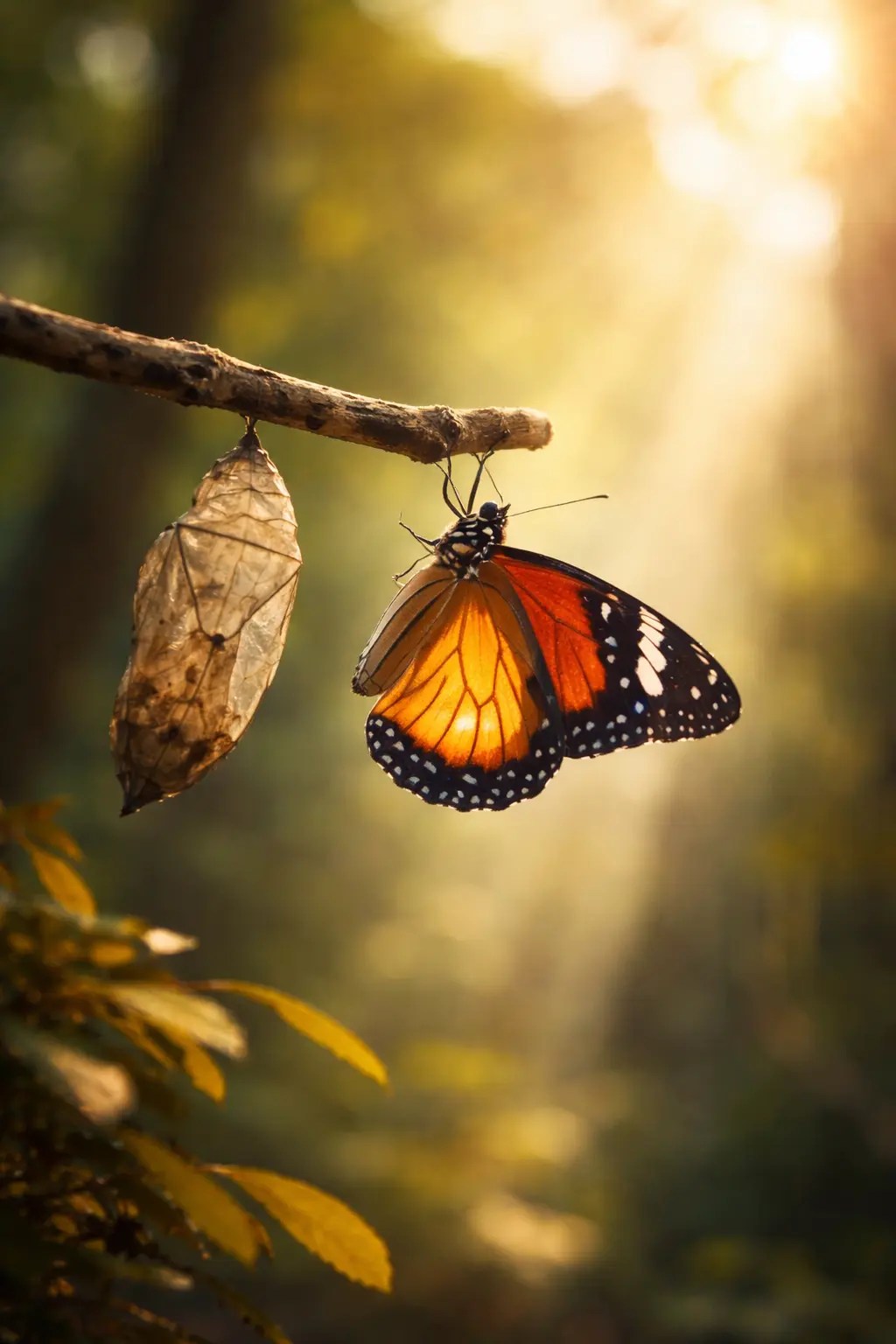 Papillon sortant de sa chrysalide sur une branche, symbolisant la renaissance et la transformation après un burn out