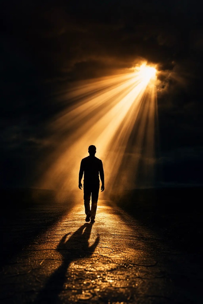 Silhouette d’une personne marchant vers un faisceau de lumière intense perçant des nuages sombres, symbolisant la renaissance et l’espoir après un burn out.