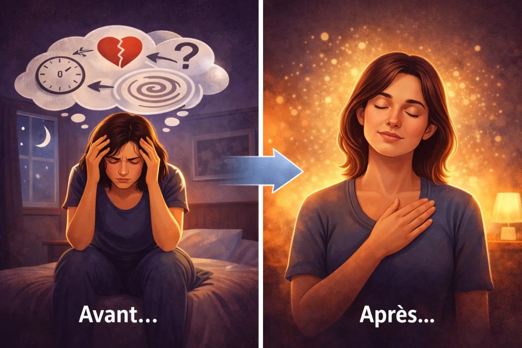 femme assise sur un lit submergée par des pensées puis apaisée main sur le cœur illustration avant après