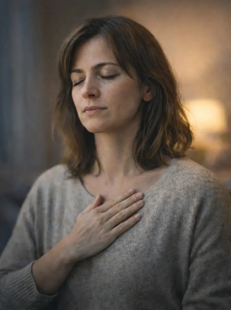 femme en état d'hypnose avec la main posée sur le coeur et les yeux fermés