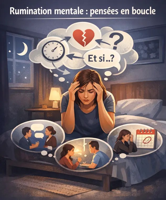 Rumination mentale : pensées en boucle la nuit avec scénarios anxieux et surcharge mentale