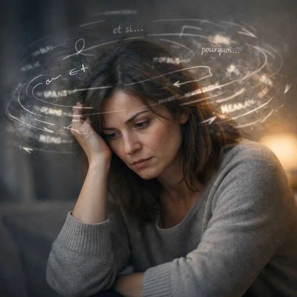 Femme pensive en état de rumination mentale avec pensées envahissantes, illustration du travail en hypnose pour apaiser le mental.