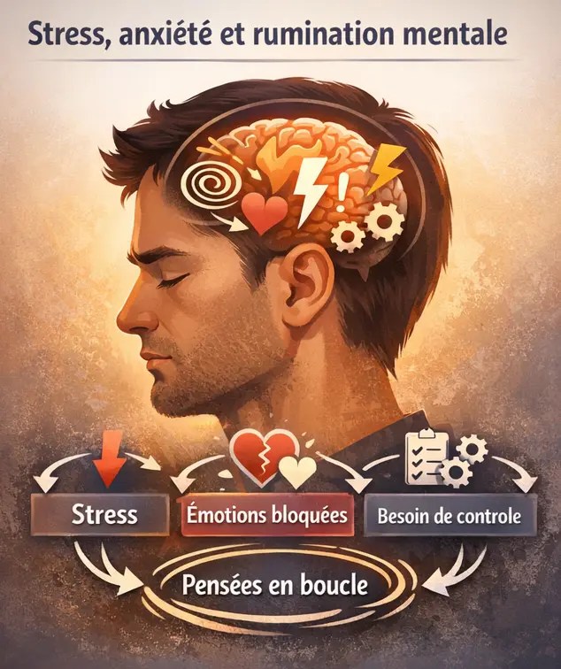 Lien entre stress, anxiété et rumination mentale avec pensées en boucle et surcharge émotionnelle