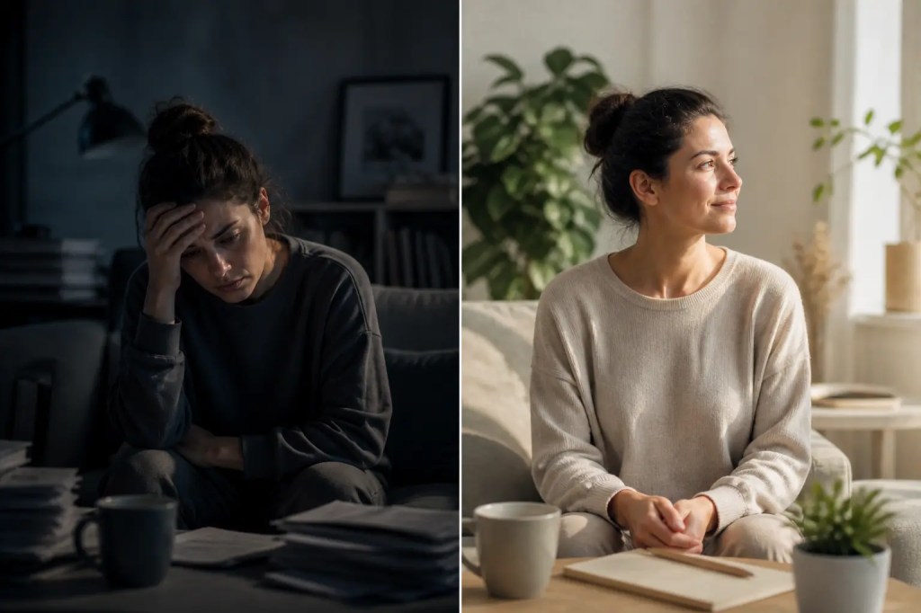 image montrant l'évolution du burn out et de la tension mentale vers l'apaisement grâce à l'hypnose et la régulation émotionnelle